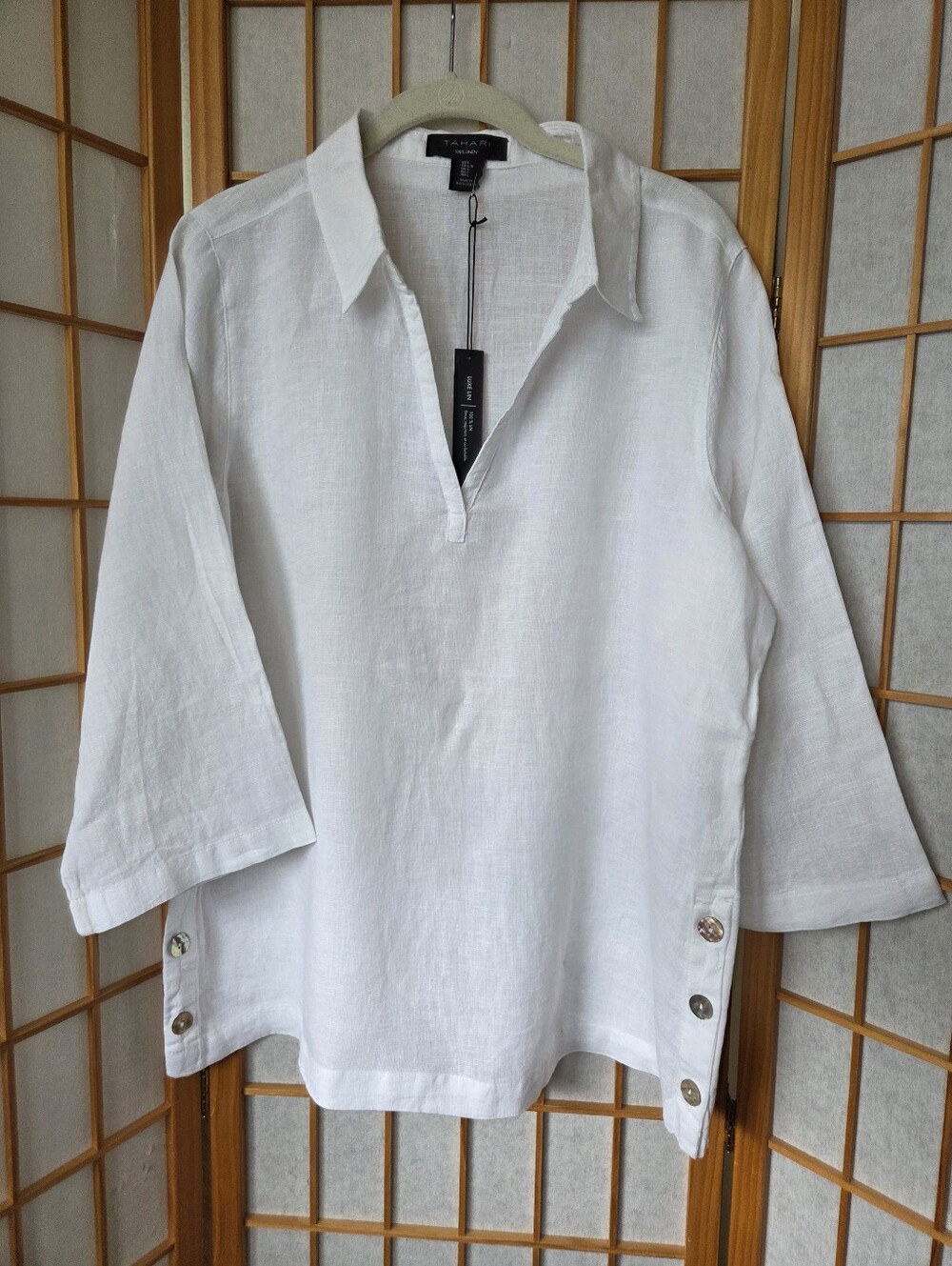 NWT WOMENS TAHARI WHITE 100% LINEN PULLOVER 3/4 SLEEVES SIDE BUTTONS BLOUSE L